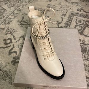 Jimmy Choo Cruz 65 White Latte Boots with Pearls and Rhinestones